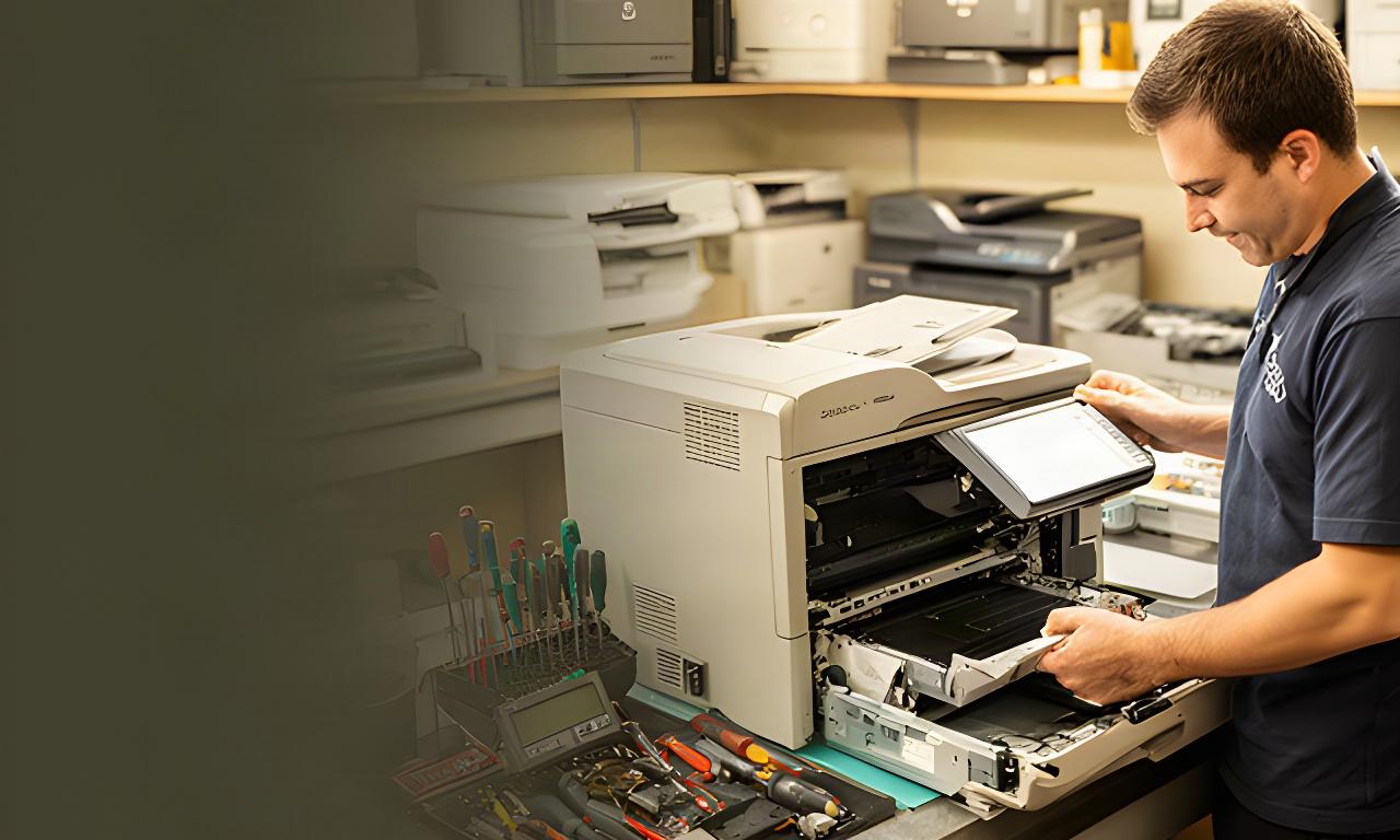 Printer refurbishment workbench in Atwater with a technician testing a cleaned multi-brand printer