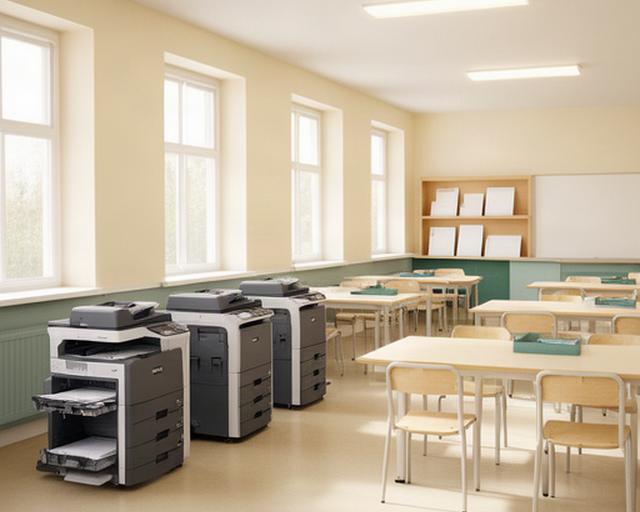 Bright school classroom with Brother laser printer stations beside student work tables