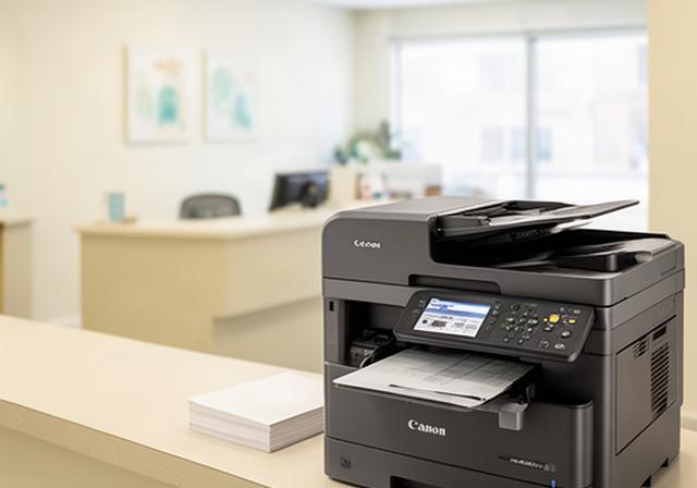Refurbished Canon imageCLASS multifunction printer on a counter in a bright medical clinic office