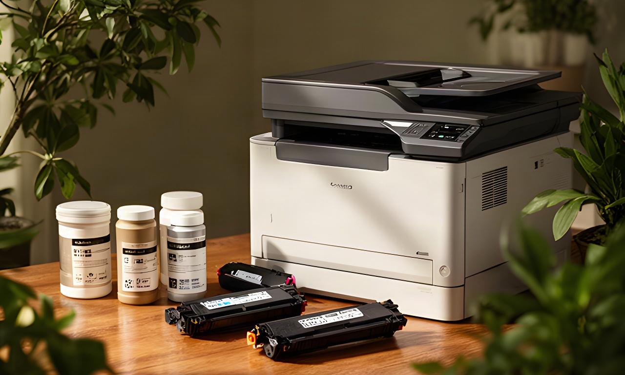 Refurbished printer on a wooden desk beside leafy plants and remanufactured cartridges