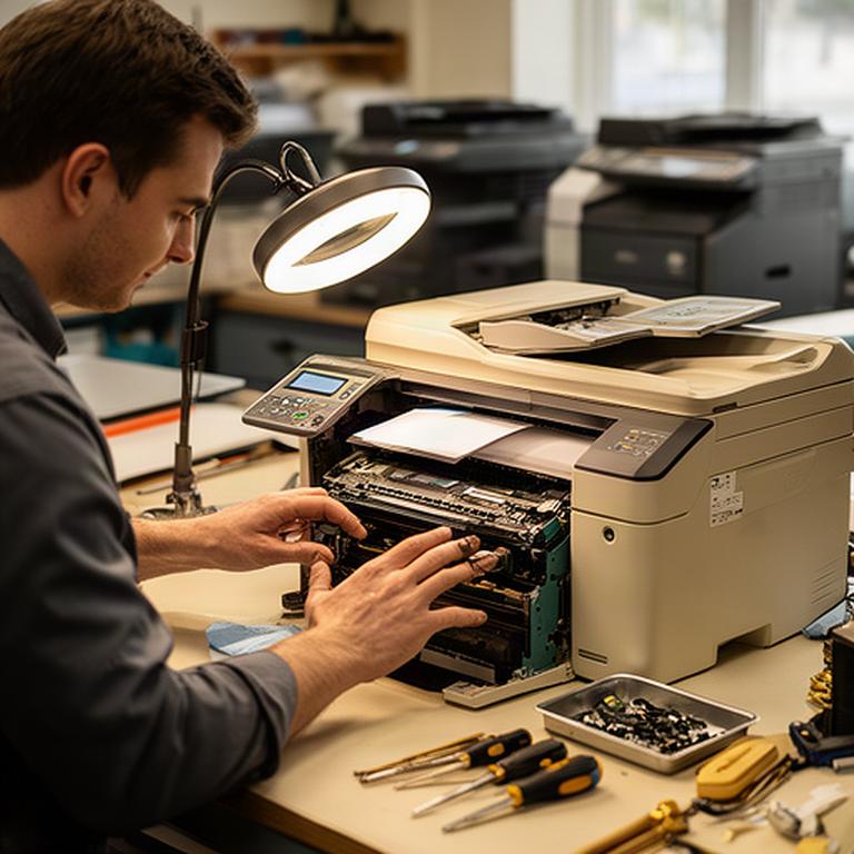 Printer refurbishment technician inspecting a Canon multifunction printer beside a magnifying lamp in an Atwater workshop