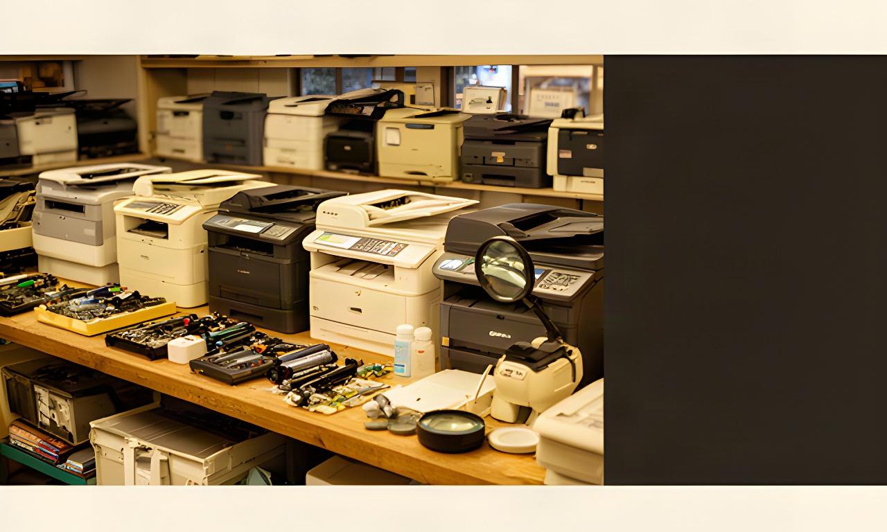 Warm Atwater, California printer workshop with refurbished HP, Epson, Brother, and Canon machines on a workbench