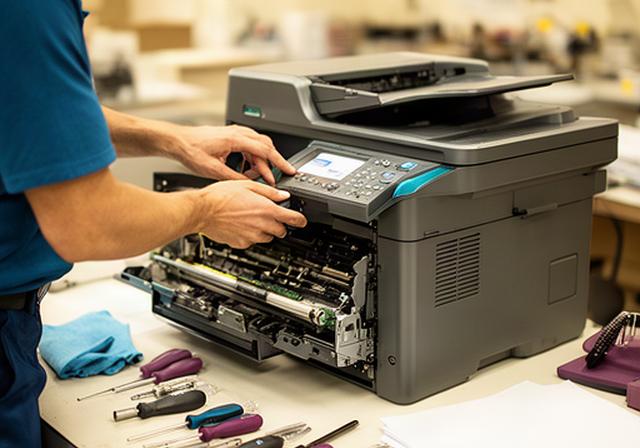 Technician inspecting a refurbished printer on a clean workbench in Atwater, California