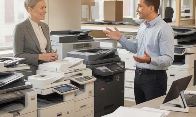 Clary Kowalinski discussing printer options with a customer beside refurbished Canon and Brother machines